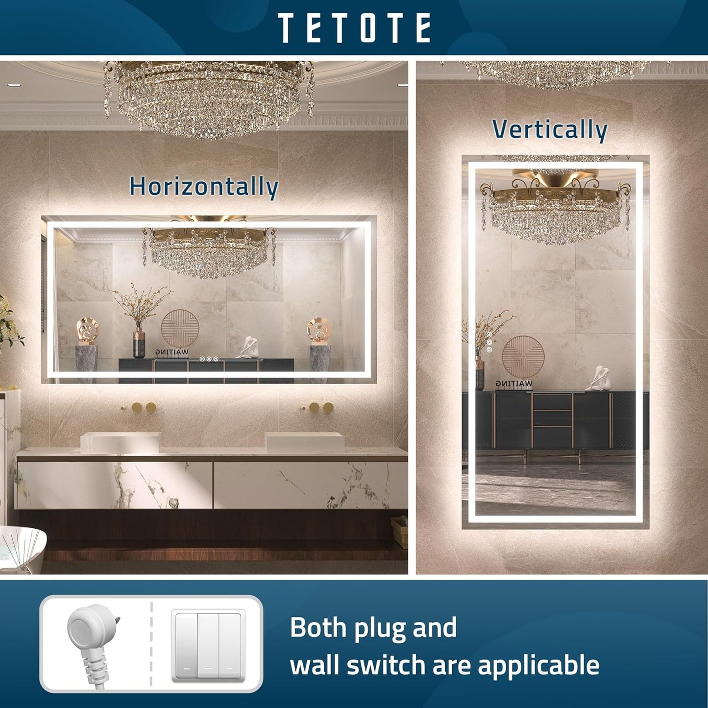 TETOTE 28 Inch Round LED Bathroom Vanity Mirror, Anti-Fog Dimmable Lights IP54 Waterproof Circle Makeup Wall Mounted Mirror