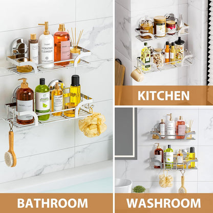 LEVERLOC Shower Caddy Suction Cup, 2 Pack Black Shower Shelf with Hooks and Soap Holder, NO-Drilling Bathroom Organizer, Rustproof Metal Bathroom Storage and Organization