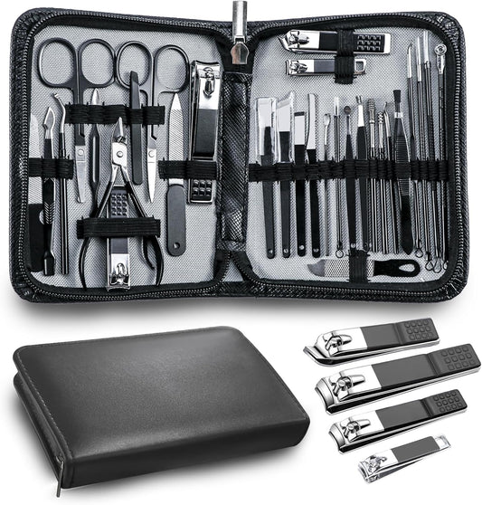 Manicure Set，30 in 1 Mens Set Professional，Nail Clipper for Men，Mens Nail Grooming Kit，Andrea Kit Women，Nail Care Women，with Luxury Leather Bag (Black)
