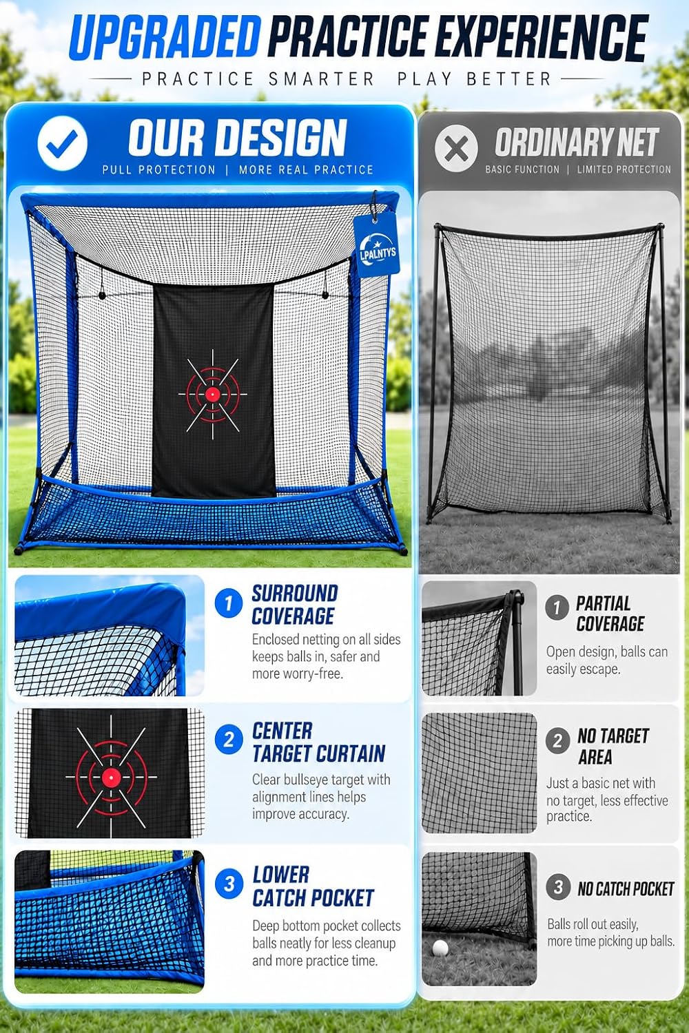 Golf Hitting Net with Extra Striking Net, 10x7ft Heavy Duty Golf Practice Net for Golfer Backyard Driving Swing, Golf Impact Net Cage Metal Frame with Storage Bag and Elevated Base (Blue)