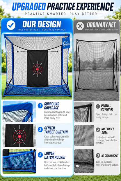 Golf Hitting Net with Extra Striking Net, 10x7ft Heavy Duty Golf Practice Net for Golfer Backyard Driving Swing, Golf Impact Net Cage Metal Frame with Storage Bag and Elevated Base (Blue)