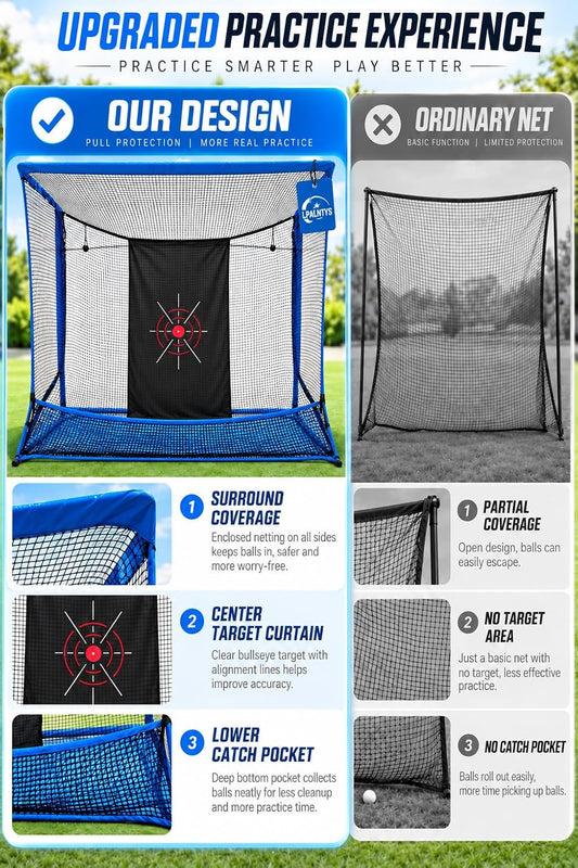 Golf Hitting Net with Extra Striking Net, 10x7ft Heavy Duty Golf Practice Net for Golfer Backyard Driving Swing, Golf Impact Net Cage Metal Frame with Storage Bag and Elevated Base (Blue)