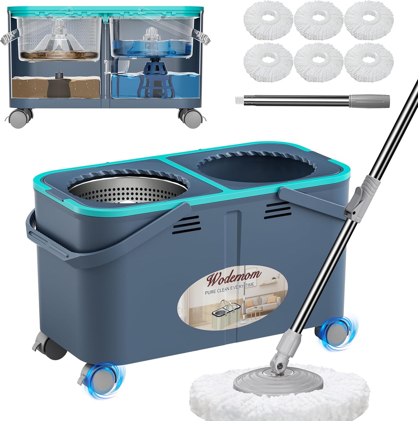 Mop and Bucket with Wringer Set, Clean & Dirty Water System, Floor Mop with 360° Swivel Wheels, 61" Handle, 6 Reusable Mop Heads for for Wood, Tile, Vinyl, Baseboards - Grey/Blue