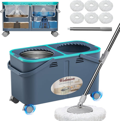 Mop and Bucket with Wringer Set, Clean & Dirty Water System, Floor Mop with 360° Swivel Wheels, 61" Handle, 6 Reusable Mop Heads for for Wood, Tile, Vinyl, Baseboards - Grey/Blue
