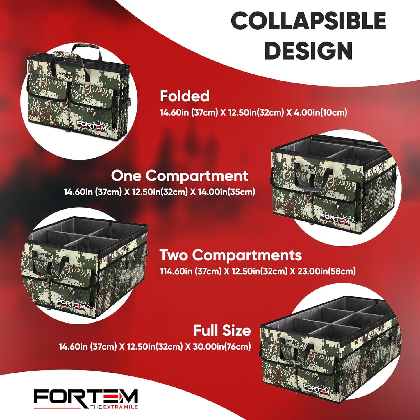 FORTEM Car Trunk Organizer, Collapsible Multi Compartment Car Organizer, Foldable SUV Storage for Car Accessories for Women Men, Non Slip Bottom, Securing Straps, Soft Cover 50L (Black, Standard)