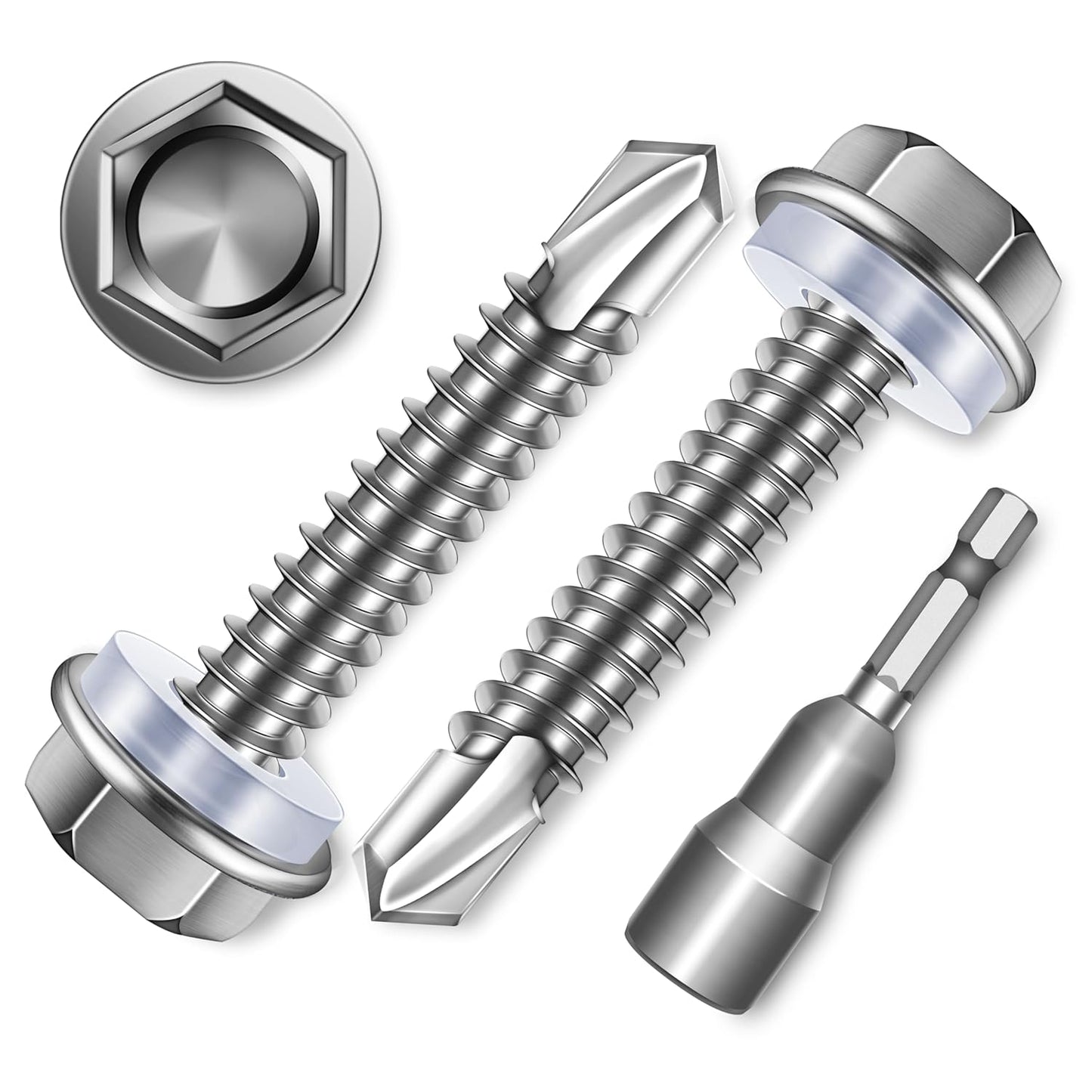 EASTPUK 100Pcs #8 x 1/2" Sheet Metal Screws, 410 Stainless Steel Self Drilling Hex Washer Head Self Tapping Screws for Metal with Drill Bit