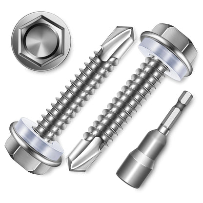 EASTPUK 100Pcs #8 x 1/2" Sheet Metal Screws, 410 Stainless Steel Self Drilling Hex Washer Head Self Tapping Screws for Metal with Drill Bit