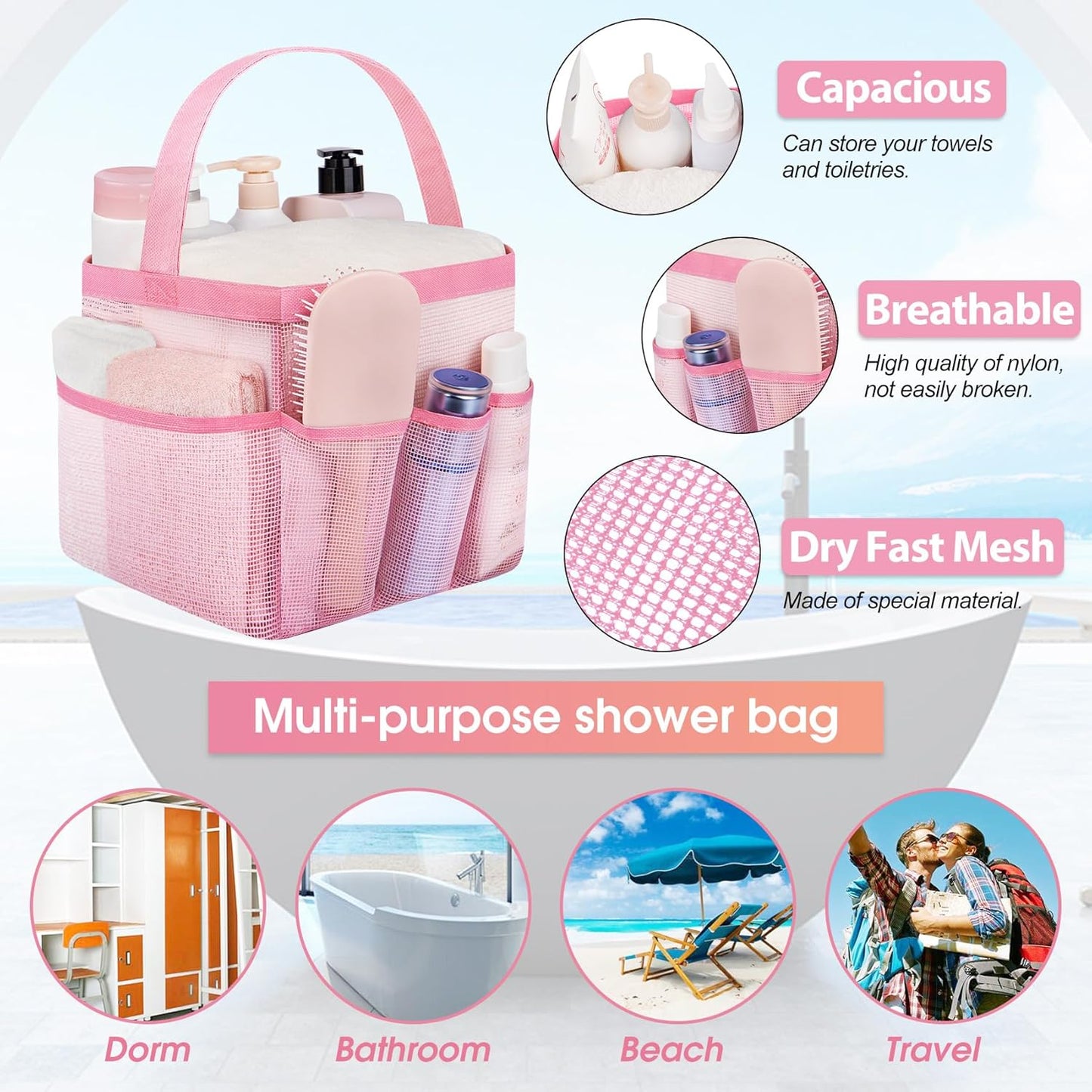 Attmu Mesh Shower Caddy Portable for College Dorm Room Essentials with 8 Pockets, Hanging Shower Caddy Basket Tote Bag Toiletry Accessories for Bathroom