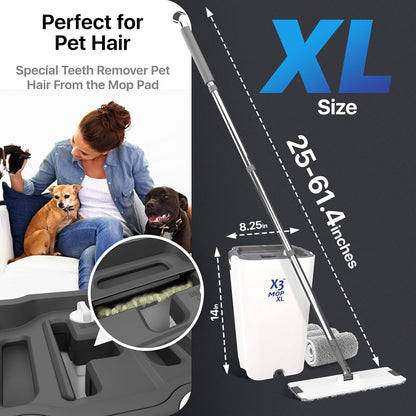 X3 Mop XL, Separates Dirty and Clean Water, 3-Chamber Design, Flat Mop and Bucket Set, Hands Free Home Floor Cleaning, 3 Reusable Microfiber Mop Pads Included