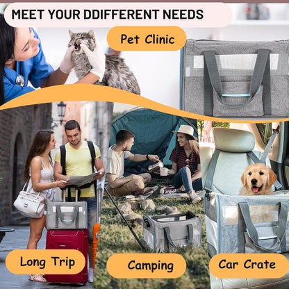UNICITII Pets Carrier for Small Cat, Dog Medium Cats Puppies up to 20 Lbs, Airline Approved Carrier Soft Sided, Collapsible Travel Puppy Carrier (Grey-with Wheels)