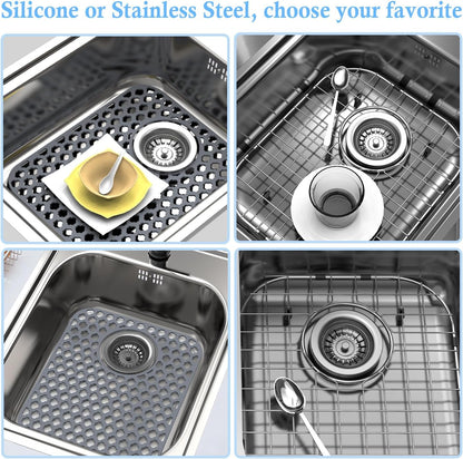 BEHOK 2 Pack Silicone Sink Protector for Kitchen Sink Bathroom Sink 13.58"x 11.6" Sink Mat, Non-Slip and Durable Silicone Sink Grid, Rear Drain (Gray)