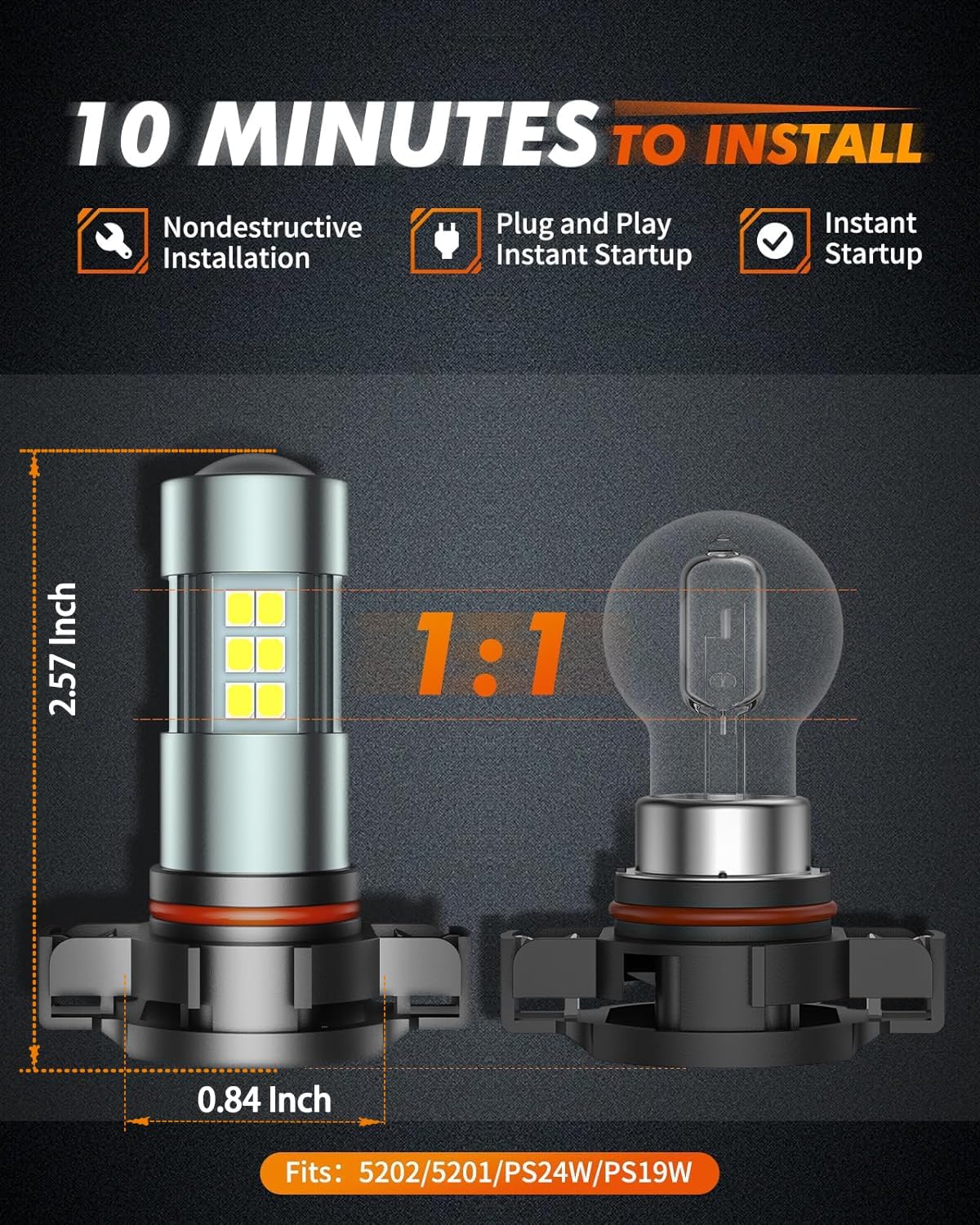 SEALIGHT H11/H8/H16 LED Fog Light Bulbs, 6000K Xenon White, 27 SMD Chips, 360-degree Illumination, Non-polarity