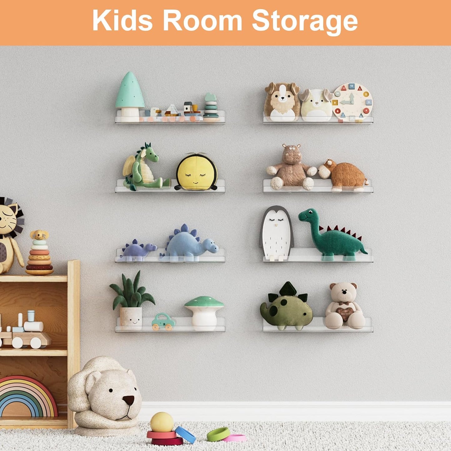 upsimples Clear Acrylic Shelves for Storage, 15" Floating Shelves Wall Mounted for Kids Bookshelf/Display Ledge for Bedroom, Living Room, Bathroom, Kitchen, Set of 4
