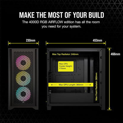CORSAIR 3000D Airflow Mid-Tower PC Case – 2X SP120 Elite Fans – Four-Slot GPU Support – Fits up to 8X 120mm Fans – High-Airflow Design – Black