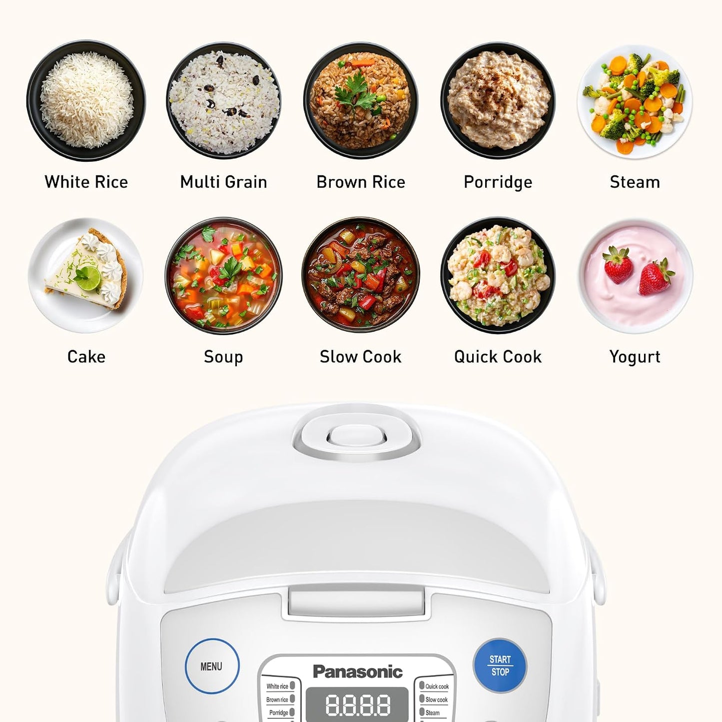 Panasonic SRZC123L Rice Cooker, 6-Cup Uncooked/12-Cup Cooked, Fuzzy Logic Microcomputer, Thick Non-Stick Aluminum Pan, Detachable Inner Lid, 10 Programs, Auto Keep Warm, Keep Warm, White