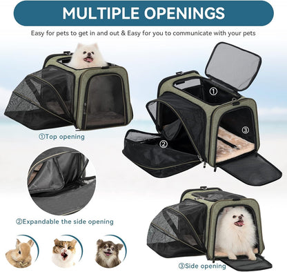 Petsfit Expandable Cat Dog Carrier Airline Approved, 17" L x 11" W x 11" H Soft-Sided Portable Pet Travel Carrier for Kitten, Puppy, Removable Soft Plush Mat and Pockets, Auto-Locking Zippers