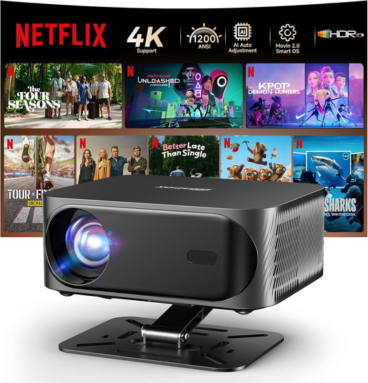 [Netflix Licensed /1200ANSI/Auto Focus Keystone] 4K Outdoor Projector with WiFi and Bluetooth, Smart Portable Proyector with Built in Apps Netflix/YouTube/PrimeVideo & Dolby, Home Theater with HDR10+