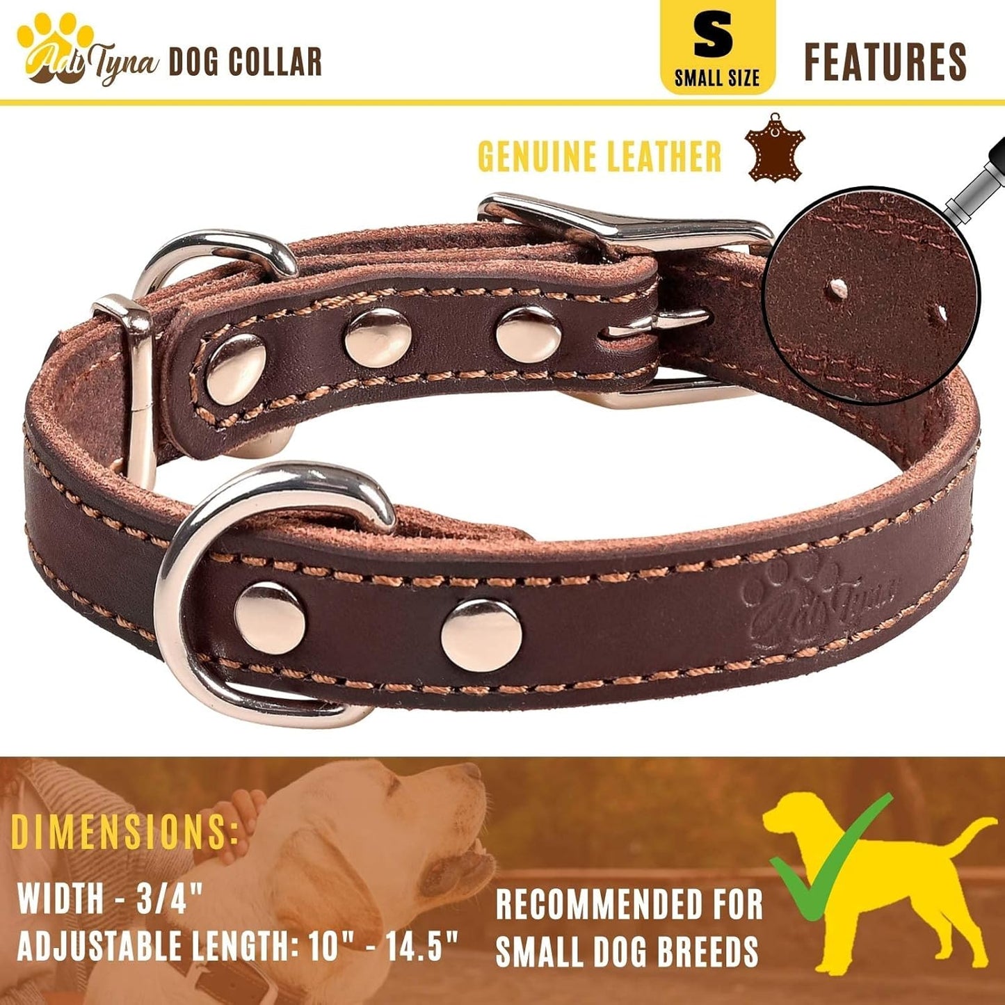 ADITYNA Heavy-Duty Leather Dog Collar for Medium Dogs - Soft and Strong, 100% Genuine Leather - Collier Pour Chien (Medium: Fit 13" - 20" Neck, Brown)