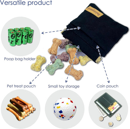 Raisingwell Dog Treat Pouch, Black Pocket Sized Pet Training Pouch, Cotton Fabric, Hand Free Dog Walking Bag with Carabiner, Self-Closing Pet Feed Snack Reward, for Pet Puppy Travel or Outdoor Use