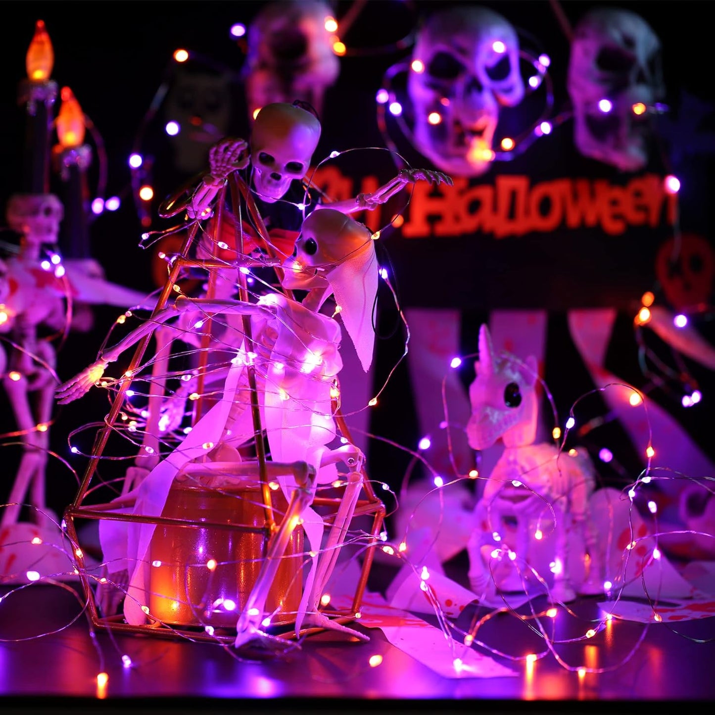 Lyhope Orange Purple Halloween Lights, 2 Pack 33ft 100 Led Battery Halloween Lights, Waterproof 8 Modes with Remote Copper Wire String Lights for Halloween Holiday Party Carnival Graveyard Decorations