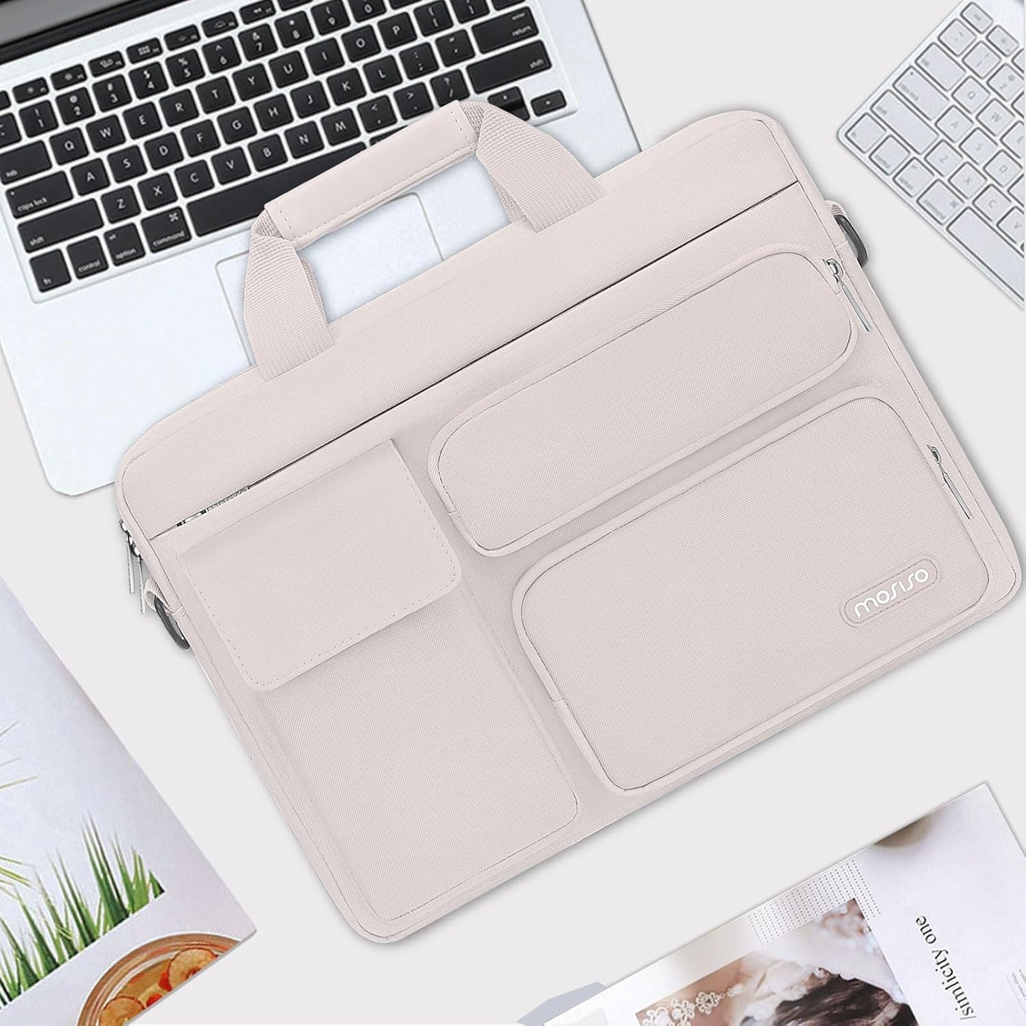 MOSISO Laptop Bag 16 inch, 15-15.6 inch Computer Shoulder Bag Compatible with MacBook Air 15 M4 M3 M2/Pro 16 M4 M3 M2 M1, Notebook &2 Raised&1 Flapover&1 Horizontal Pocket&Handle&Belt, Pink - PuriLite