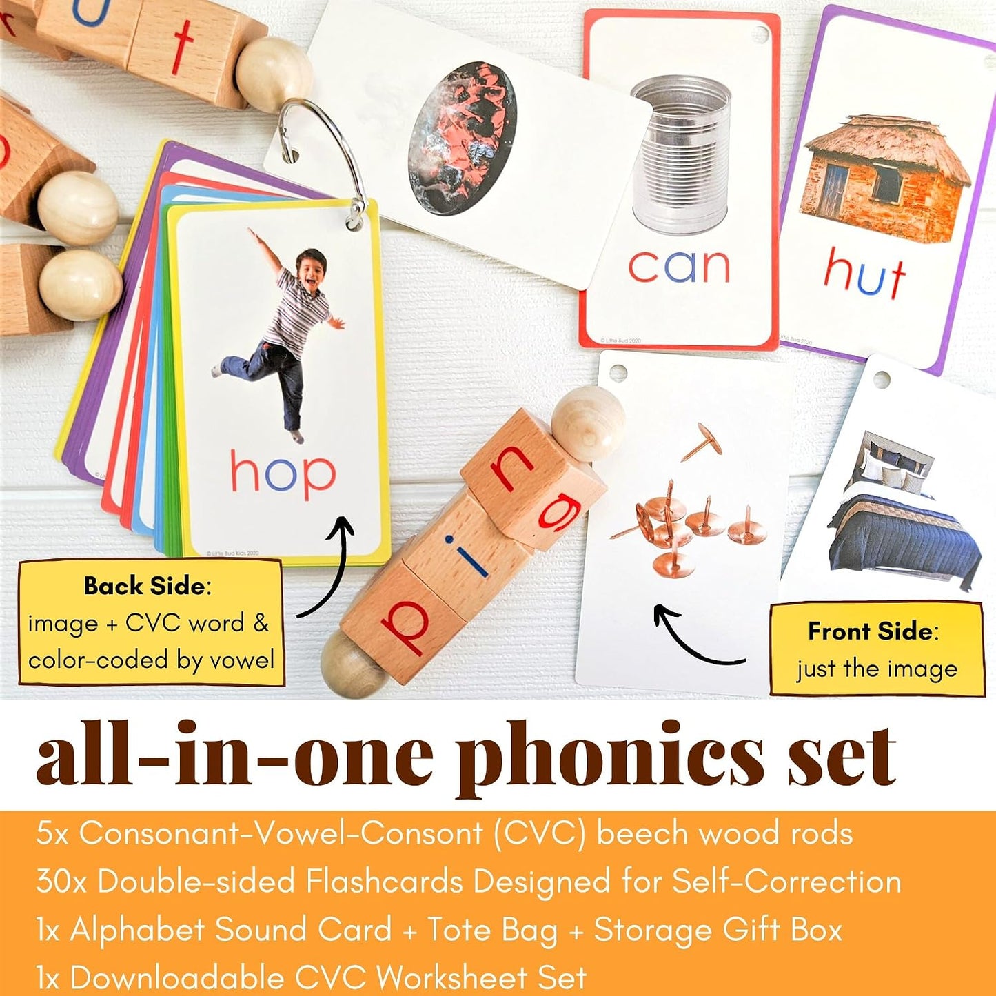 Little Bud Kids Spin-and-Read Phonics Toy, Rotating Wooden Reading Blocks with CVC Flash Cards, A Montessori Reading Learning Resources Toy for 3-5 Years Old