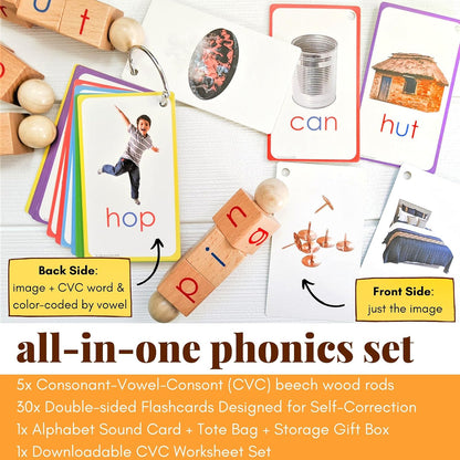Little Bud Kids Spin-and-Read Phonics Toy, Rotating Wooden Reading Blocks with CVC Flash Cards, A Montessori Reading Learning Resources Toy for 3-5 Years Old