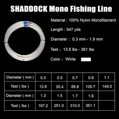 Monofilament Fishing Line Nylon Mono Lines 500M- (13LB-396 LB) Super Strong Monofilament Fishing Leader Line Speargun Line for Saltwater/Freshwater, 547yds