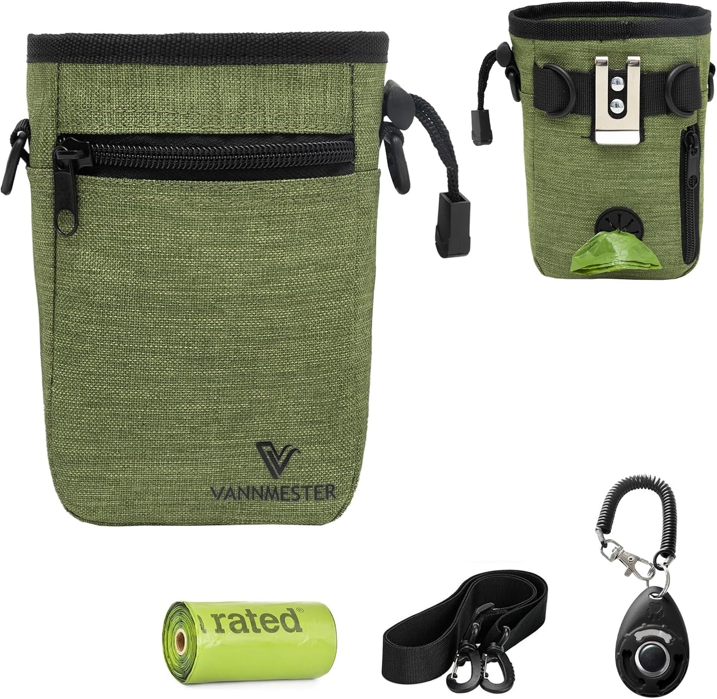VANNMESTER Dog Treat Pouch with Stronger Magnetic Closure Dog Treat Pouch 4 Cup Front Pocket fits All Phones Built-in Poop Bag Dispenser (Green)