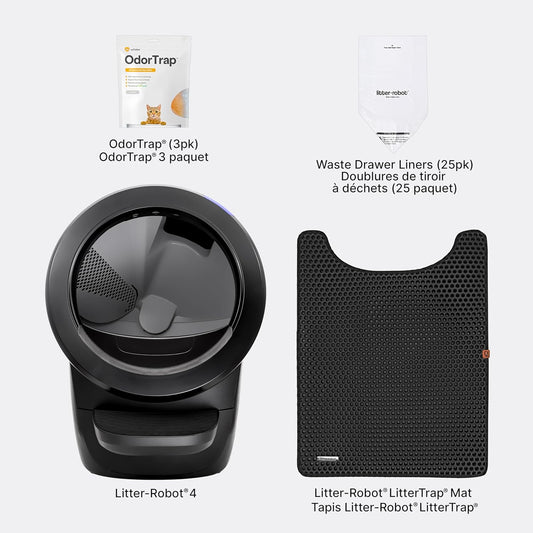 Litter-Robot 4 Beginner Bundle by Whisker, Black - Automatic, Self-Cleaning Litter Box, Includes Litter-Robot, Fence, Mat, 2 OdorTrap Pack Refills, 25 Waste Drawer Liners & 1 Year of WhiskerCare - PuriLite