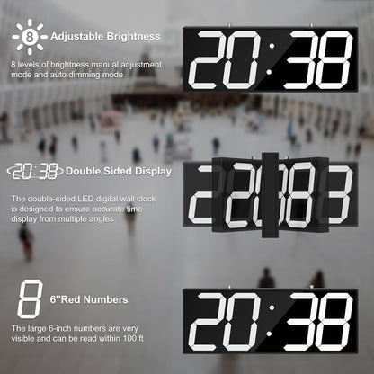 CHKOSDA Digital Wall Clock with Double Sided Display, Large Digital Clock with Timer,Alarm,Temperature and Date,Two Faced Hanging Wall Clock with 6''Number (White)