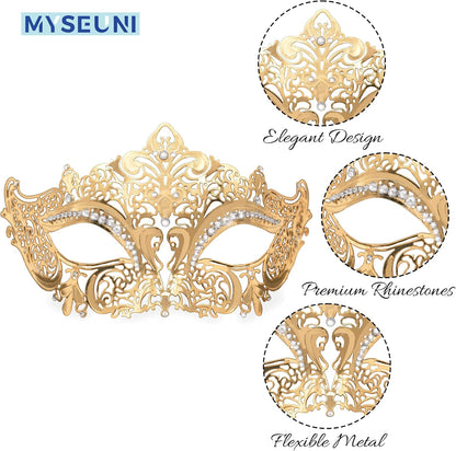 MYSEUNI Masquerade Mask for Couple - Roman Greek Man Mask & Venetian Metal Women Mask for Masquerade Ball Mardi Gras