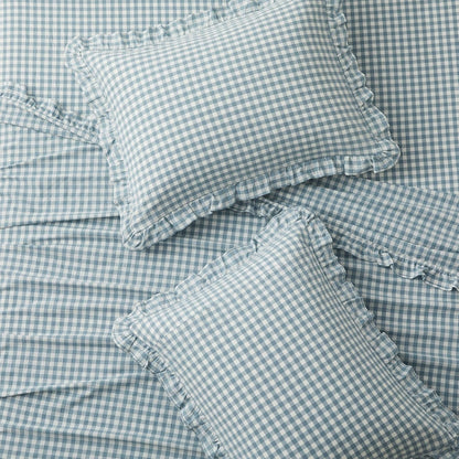 KKJIAF 3 Pieces Plaid Ruffle Twin Bed Sheets, Gingham Twin Sheet Set Comfy Breathable Ruffed Bed Sheet Set with 16 Inch Deep Pocket, Dusty Blue
