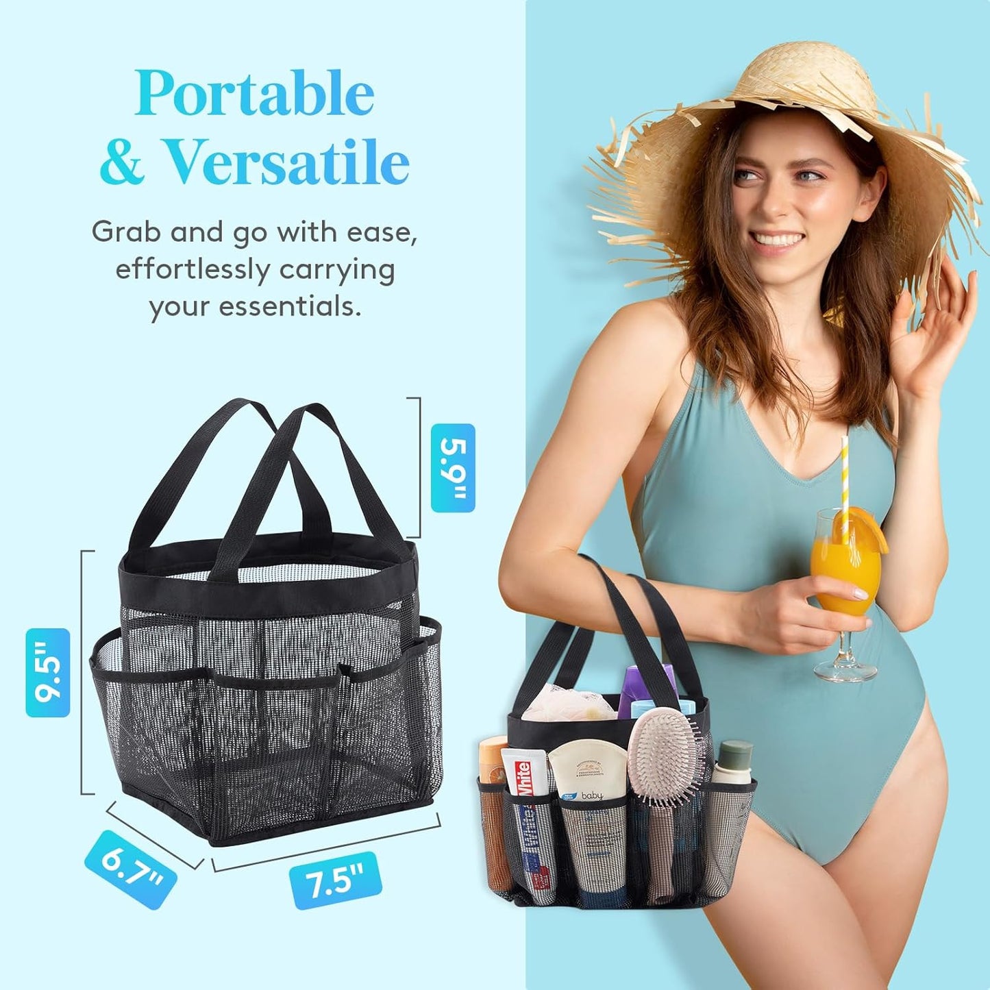 Lifewit Mesh Shower Caddy Freestanding Portable Shower Tote Bag for College Dorm, Bathroom, Gym, Travel, Quick Dry Hanging Shower Organizer with 7 Storage Pockets for Toiletry Essentials, Medium,Black