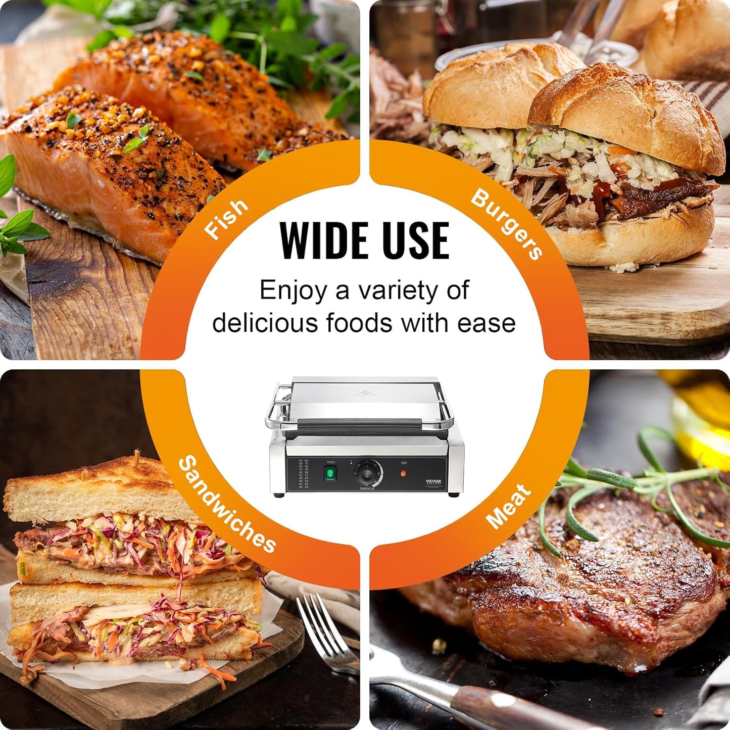 VEVOR 7 IN 1 Electric Contact Grill,1800W Indoor Panini Press Griddle,Stainless Steel Teppanyaki Grill with Nonstick&Removable Iron Plate, 0-446℉ Adjustable Temp Control,LCD Display,110V