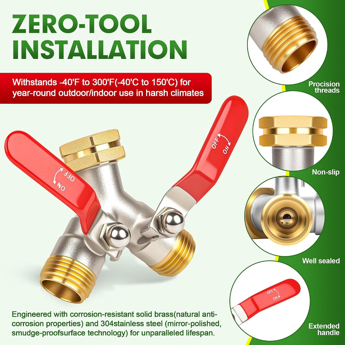 Hose Splitter 2 Way, Garden Hose Splitters, 3/4” GHT Inlet Brass Heavy Duty Hose Converter, Water 2 Way Faucet Hose Splitter, Long Handle Hose Valve Large Outlet.