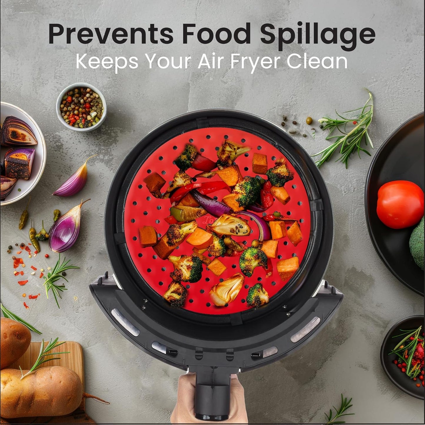 Collapsible Silicone Air Fryer Basket Liners Pot - AirFryer Liners Reusable Bowls for 5 Quart or Bigger - Air Fryer Accessories 2 Pack - Round Silicone Liners (Red & Black)