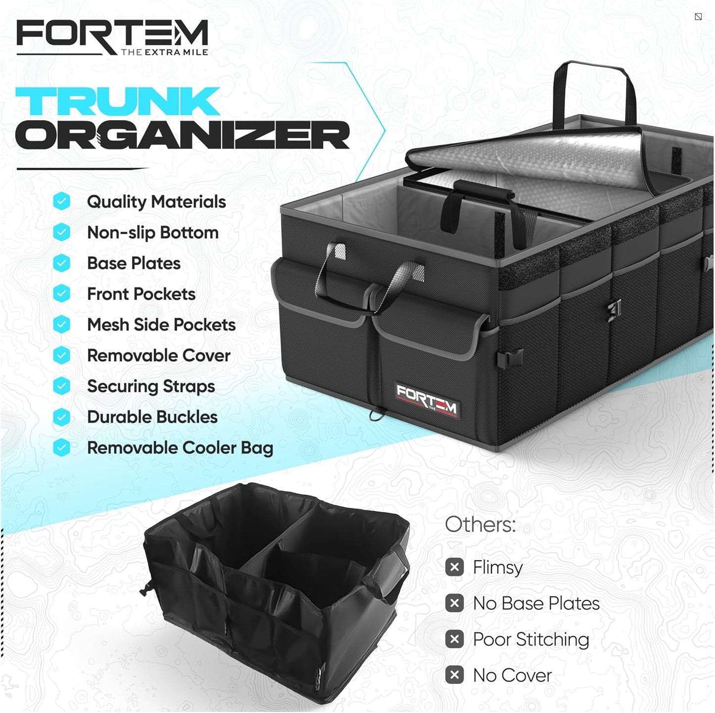 FORTEM Car Trunk Organizer, Collapsible Multi Compartment Car Organizer, Foldable SUV Storage for Car Accessories for Women Men, Non Slip Bottom, Securing Straps, Soft Cover 50L (Black, Standard)