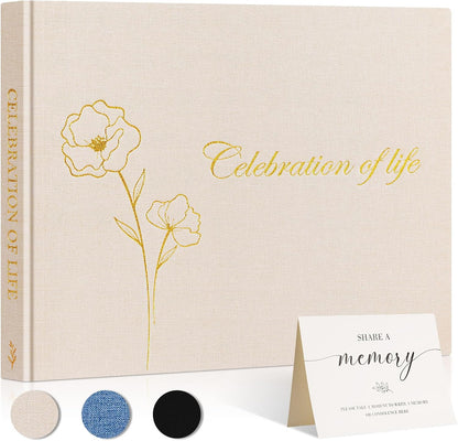 Lanpn Funeral Guest Book for Loving Memory, Linen Memorial Service Registry Guest Book, Funeral Favors Sign in Books for Guests, Celebration of Life Memory Book for Funeral with Table Sign, Beige