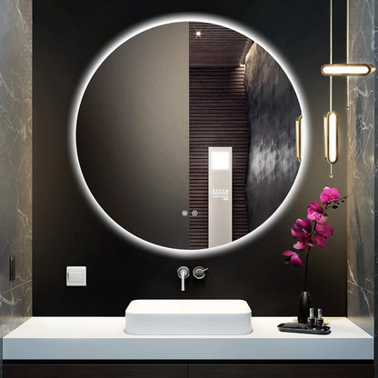 TETOTE 28 Inch Round LED Bathroom Vanity Mirror, Anti-Fog Dimmable Lights IP54 Waterproof Circle Makeup Wall Mounted Mirror