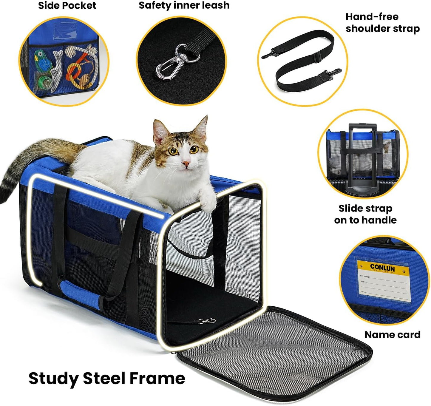 Conlun Cat Carrier Bag,Soft-Sided Pet Carriers for Dogs with 4-Sided Mesh,Airline Approved Cat Transport Carrier for Small&Medium Cats Kitten Puppy Up to 6Kg,Collapsible Cat Travel Carrier-M,Black