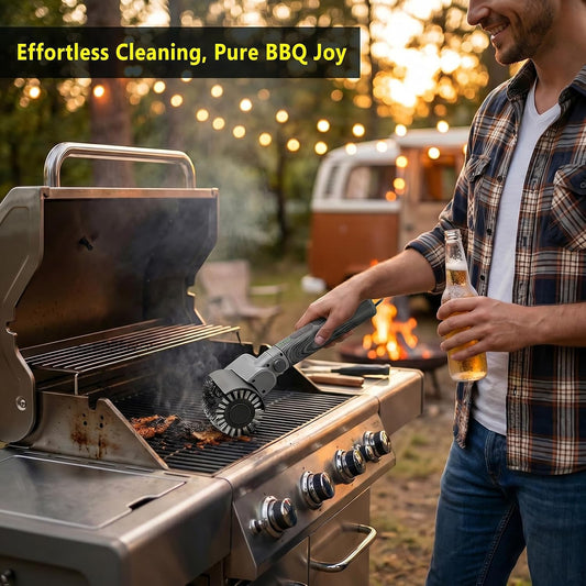 Electric Grill Brush Kit – Cordless BBQ Cleaner with Reinforced Safe Metal Bristles – 2 Hours Runtime, Waterproof & Dishwasher Safe Removable Brushes for Deep Cleaning (Black Wood Coating)