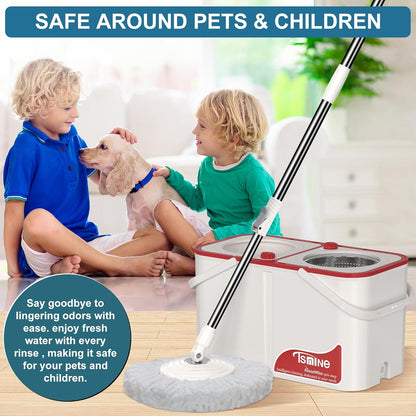 RinseWise Spin Mop and Bucket Separate Clean and DirtyWater, Mop and Bucket with Wringer Set, 4-Chamber Commercial Spinning Mopping Bucket Cleaning Supplies with 8 Microfiber Replacement Head Refills