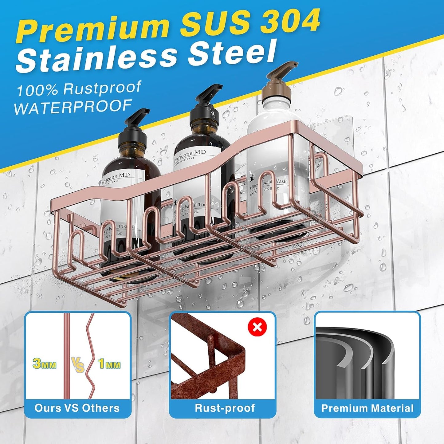 EUDELE 5-Pack Rustproof Stainless Steel Shower Caddy – No Drill Adhesive Bathroom Organizer with Large Capacity, Spacious Shower Shelves for Inside Shower, Kitchen & Home Decor Storage