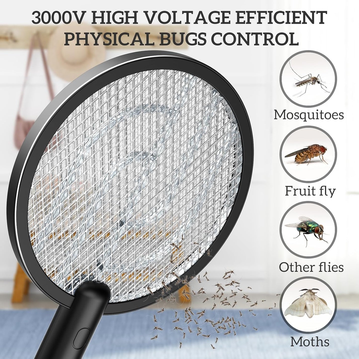 PALONE Bug Zapper Racket 3000V Electric Swatter 3 Layers Lamp Indoor Zapper Without Waving Hands for Kitchen, Home, Garden and Outdoors