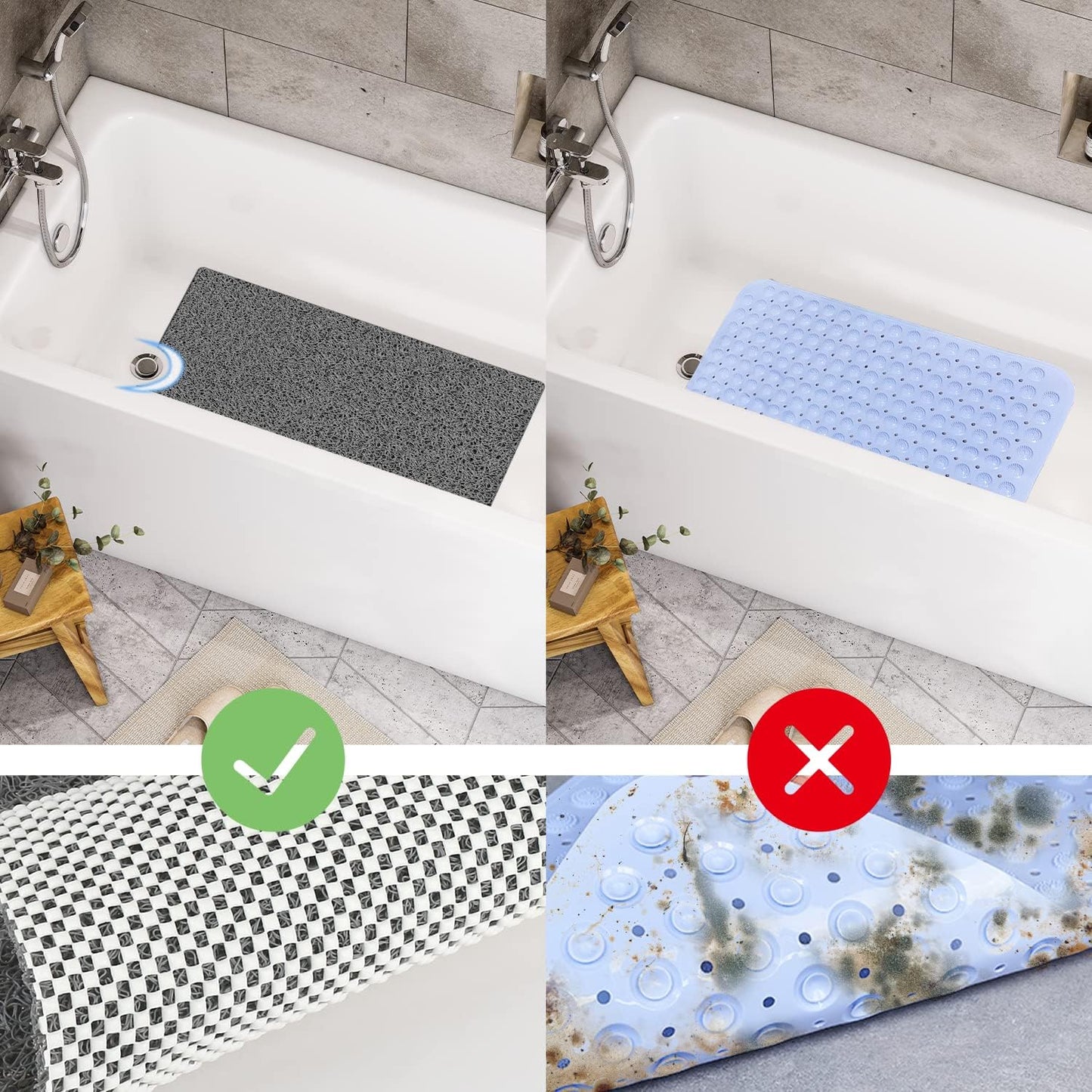 Bathtub Mat Non Slip Shower Mat, 40 x 100 cm, Soft Textured PVC Loofah Mat for Bathroom Inside Shower Anti Slip Bath Mat Bathroom Rug Carpet No Suction Cup, Quick Dry