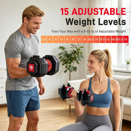 Adjustable Dumbbell Set (55lbs & 80lbs) (Single/Set of 2) with Free Gloves, Ropes & Hand Grips | 15 Adjustable Weight Settings, Space Efficient Compact Design, Easily Switch Exercises