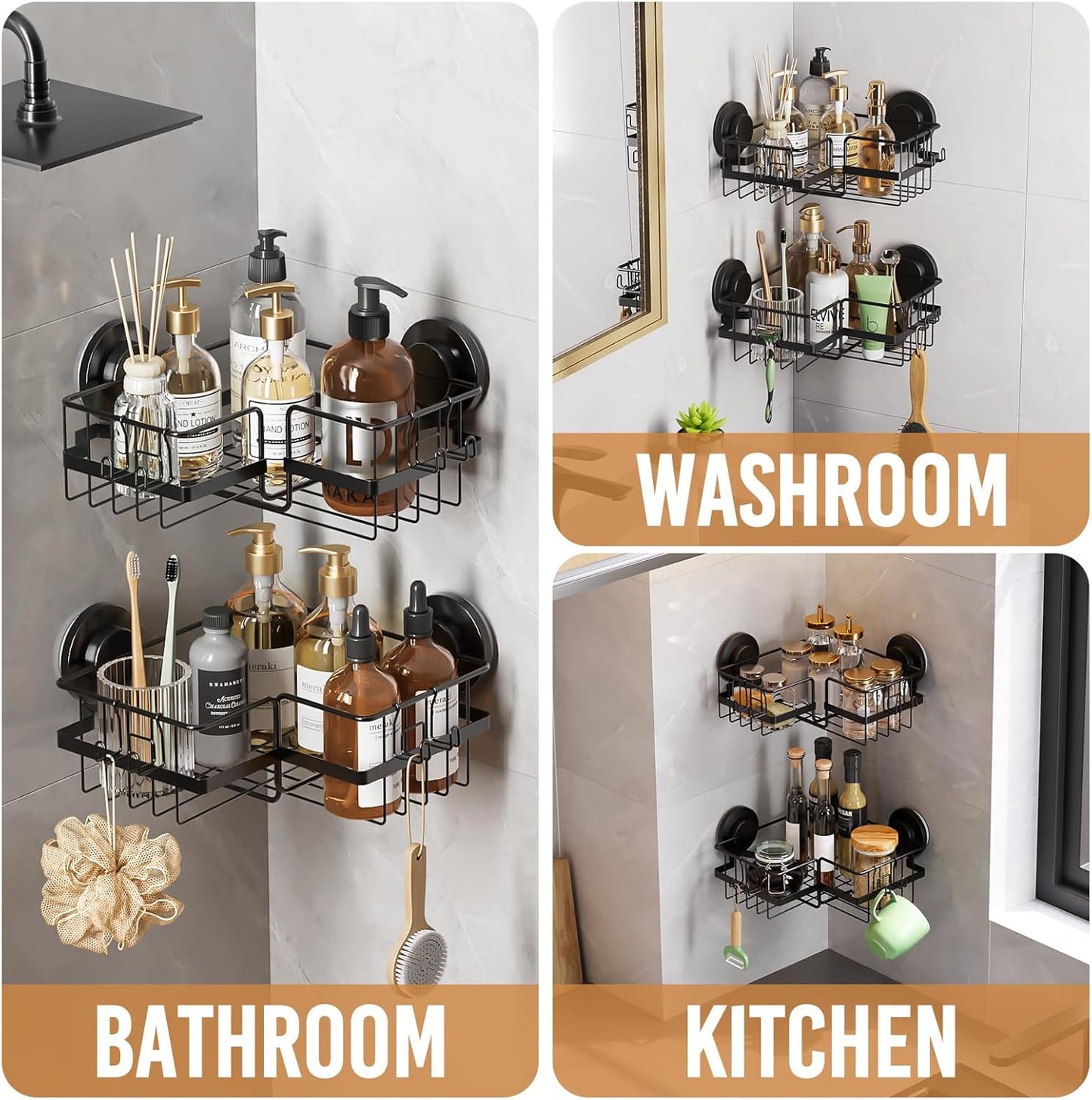 LEVERLOC Shower Caddy Suction Cup, 2 Pack Black Shower Shelf with Hooks and Soap Holder, NO-Drilling Bathroom Organizer, Rustproof Metal Bathroom Storage and Organization