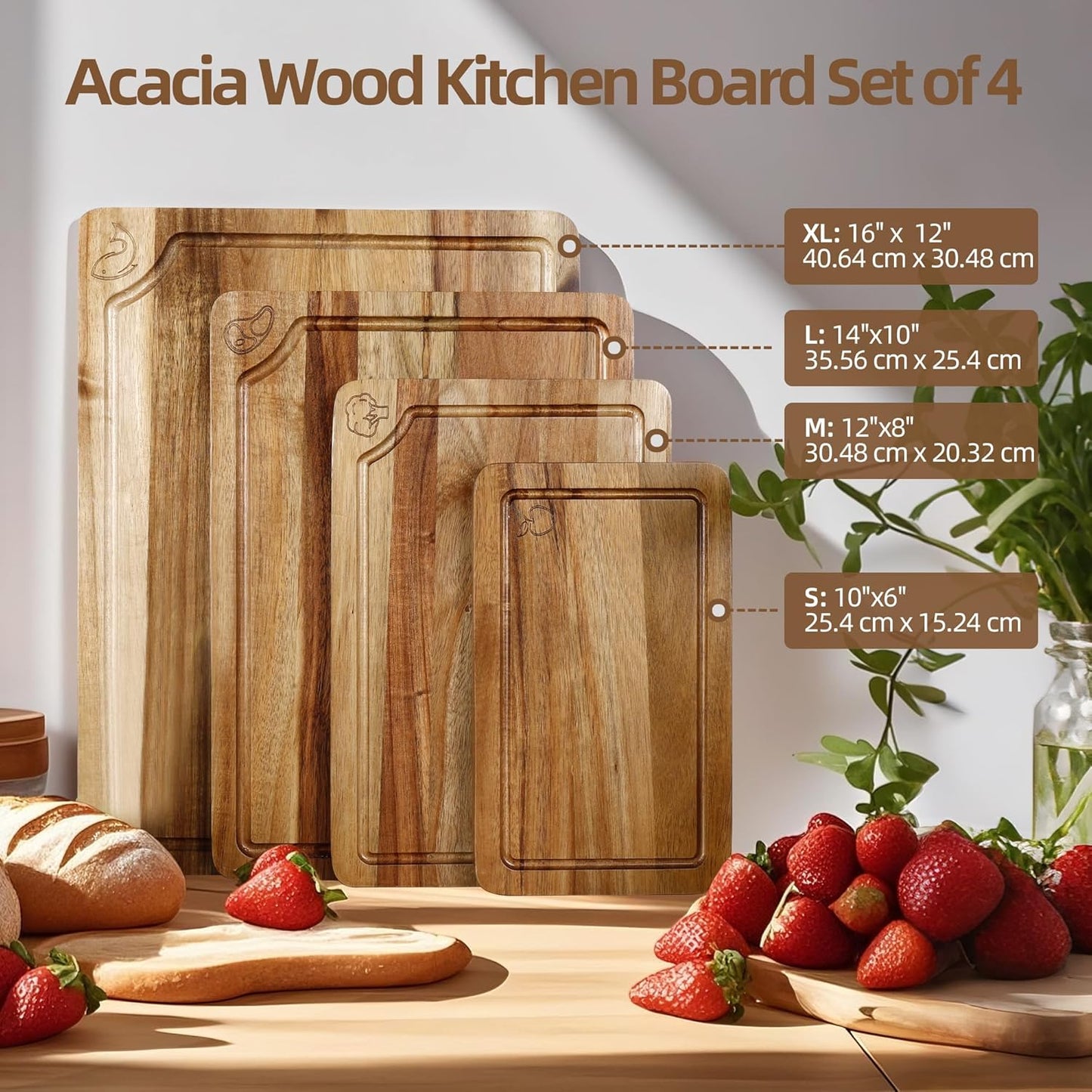 Bamboo Cutting Board Set of 3, Cutting Boards for Kitchen with Juice Groove, Bamboo Chopping Board Set, Serving Board Set for Meat, Fruit Vegetable and Cheese