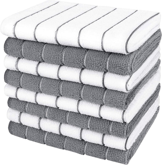 Microfiber Dishcloth Kitchen Towels 12 x 12 Inch, Super Soft and Absorbent Reusable Cleaning Cloths for Home and Kitchen, 8 Pack Grey and White - PuriLite